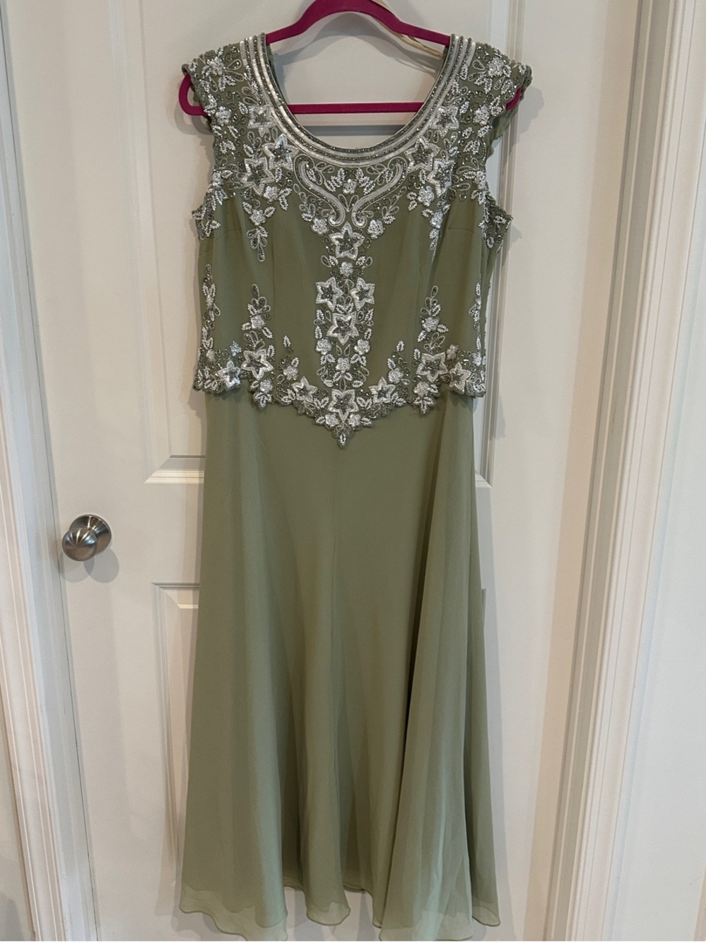 J Kara Sage Green Beaded Maxi Dress with Embroidered Bodice - 16P